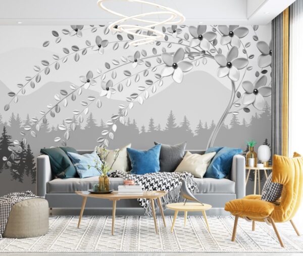 3D Dalda Çiçekler Duvar Kağıdı 1