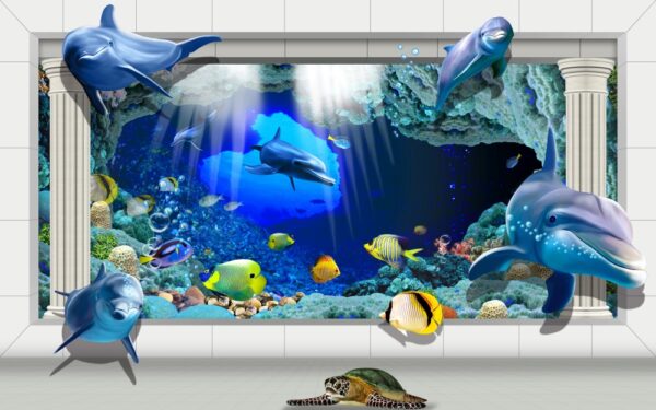 3D Yunuslar Sualtı Duvar Kağıdı