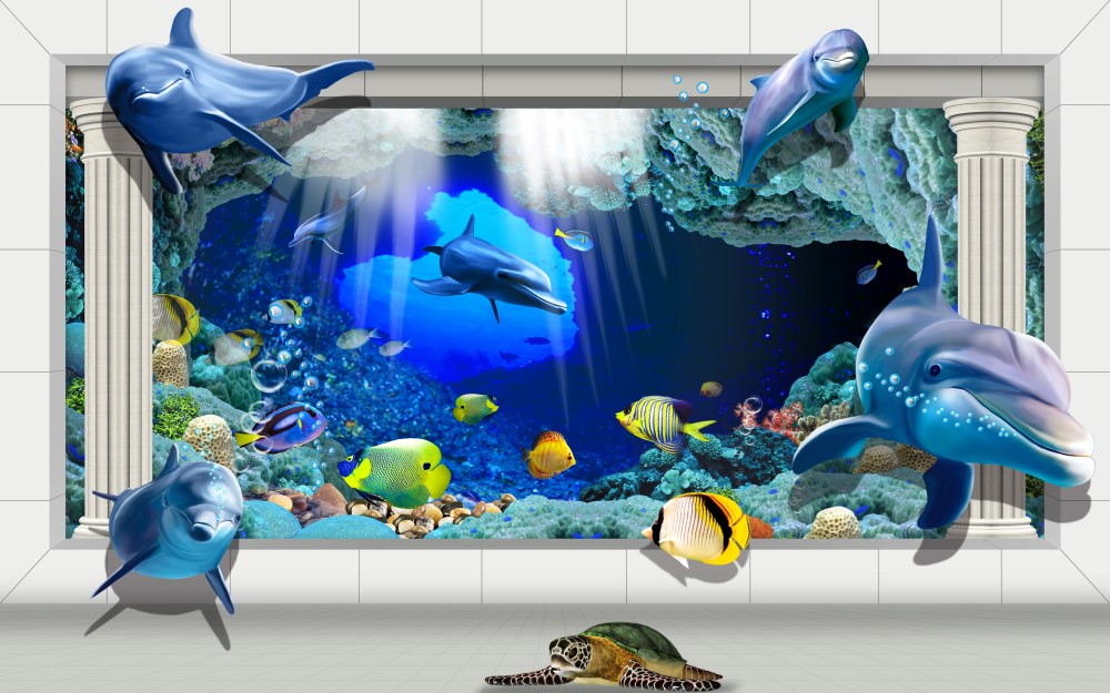 3D Yunuslar Sualtı Duvar Kağıdı