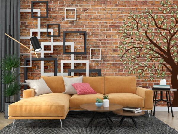 3D Ağaç ve Kareler Duvar Kağıdı B0802