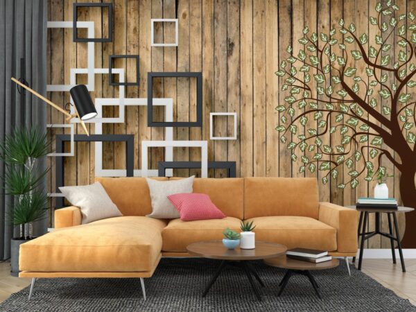 3D Ağaç ve Kareler Duvar Kağıdı B0804