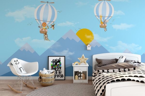 Dağ Güneş ve Balon Çocuk Odası Posteri Mavi