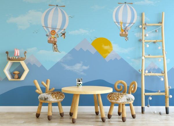 Dağ Güneş ve Balon Çocuk Odası Posteri Mavi