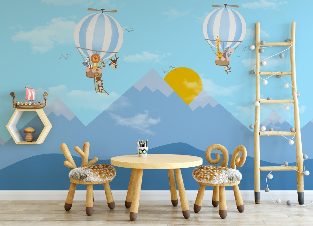 Dağ Güneş ve Balon Çocuk Odası Posteri Mavi