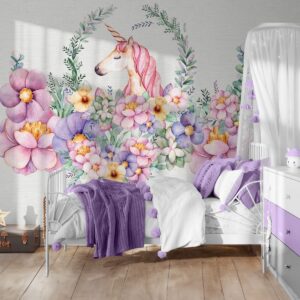 Unicorn Çiçekli Çocuk Odası Duvar Kağıdı Unicorn Çiçekli Çocuk Odası Duvar Kağıdı