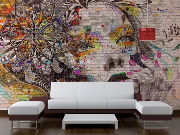 Graffiti Kadın Yüzü - Tuğla Duvar Kağıdı