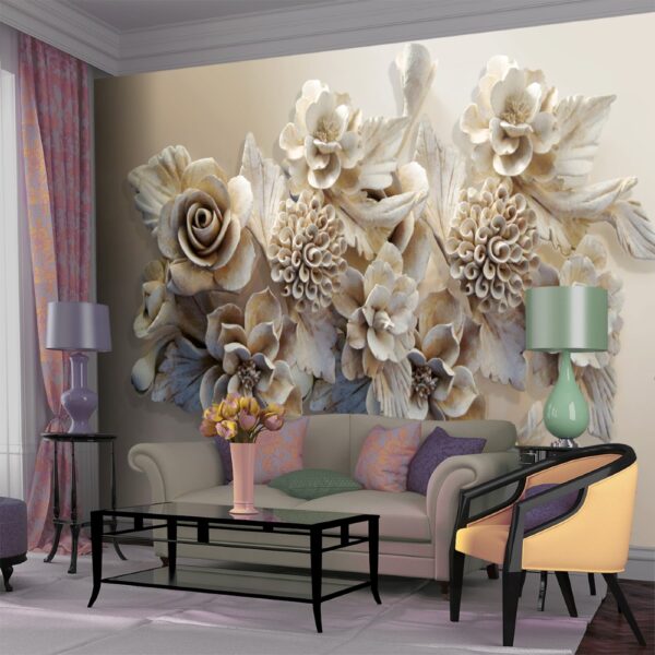3D Kabartma Çiçekler Duvar Kağıdı
